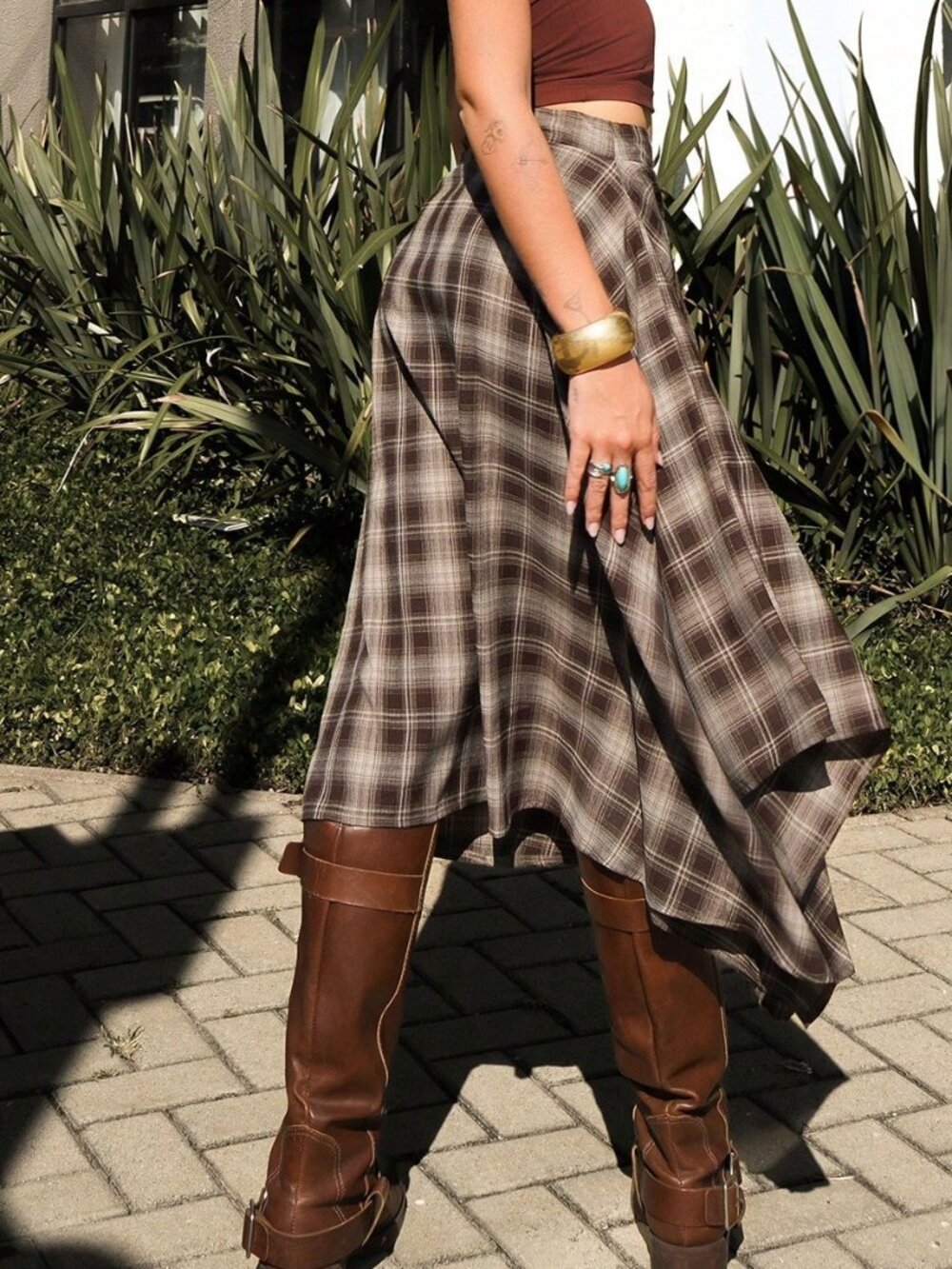 Coffee Brown Casual Women's Pleated Asymmetrical Midi Plaid Skirt - Picture 2 of 5